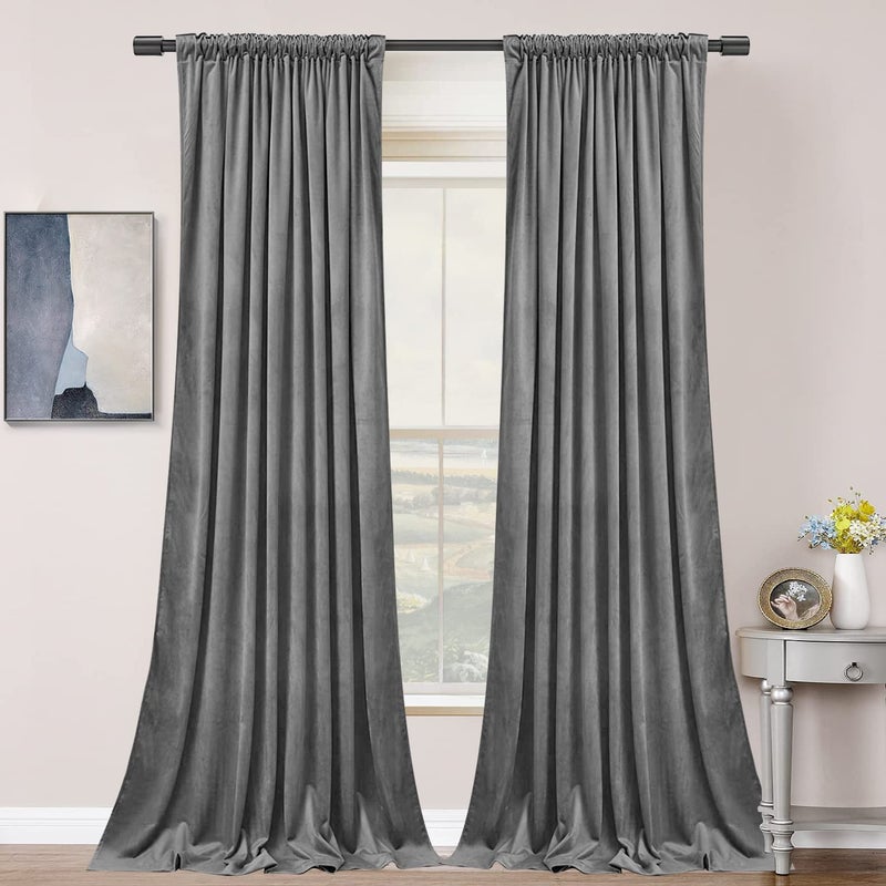 SNITIE Grey 96 in Long Velvet Curtains with Back Tab and Rod Pocket Thermal Insulated Soft Privacy Light Filtering Velvet Drapes for Bedroom and Living Room  Set of 2 Panels  52 x 96 Inches Long - Image 2